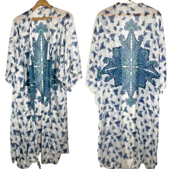 Dizzire Tops - Dizzire Sheer Kimono Wrap Cover Up Long 1X White Blue Sheer Gypsy Boho Festival